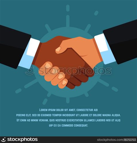 Handshake of european and african american business partners. Respect, friendship, agreement and big deal vector flat concept. Illustration of partnership deal, teamwork agreement. Handshake of european and african american business partners. Respect, friendship, agreement and big deal vector flat concept