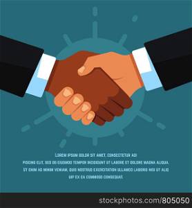 Handshake of european and african american business partners. Respect, friendship, agreement and big deal vector flat concept. Illustration of partnership deal, teamwork agreement. Handshake of european and african american business partners. Respect, friendship, agreement and big deal vector flat concept