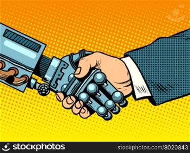 Handshake of robot and man. New technologies and evolution pop art retro style. Robotics. Computers and gadgets. E-business.. Handshake of robot and man. New technologies evolution