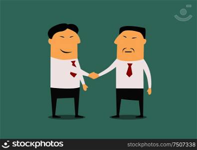 Handshake of two asian businessmen. Cartoon style, for business and partnership concept design. Handshake of two asian businessmen