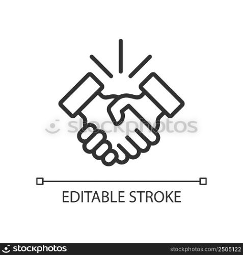 Handshake pixel perfect linear icon. Business etiquette. Shaking hands. Deal making. Company meeting. Thin line illustration. Contour symbol. Vector outline drawing. Editable stroke. Arial font used. Handshake pixel perfect linear icon