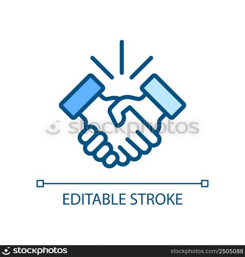 Handshake pixel perfect RGB color icon. Business etiquette. Shaking hands. Deal making. Company meeting. Isolated vector illustration. Simple filled line drawing. Editable stroke. Arial font used. Handshake pixel perfect RGB color icon