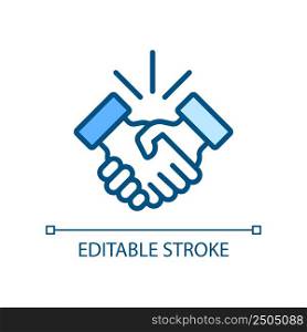 Handshake pixel perfect RGB color icon. Business etiquette. Shaking hands. Deal making. Company meeting. Isolated vector illustration. Simple filled line drawing. Editable stroke. Arial font used. Handshake pixel perfect RGB color icon