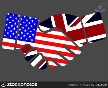 Handshake with United Kingdom and USA flags vector.. Handshake with United Kingdom and USA flags vector