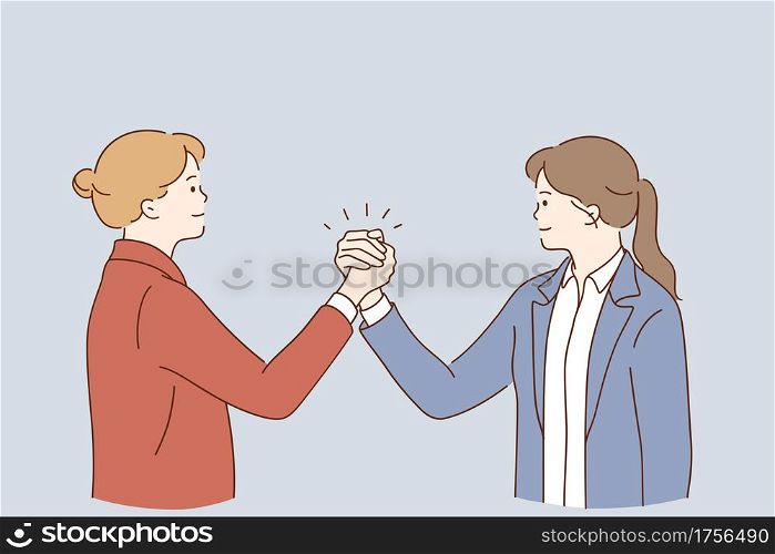 Handshaking, Business partnership, agreement concept. Businesswomen doing arm wrestling and celebrating cooperation collaboration in business together vector illustration . Handshaking, Business partnership, agreement concept