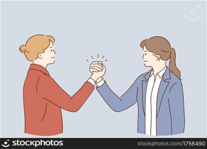 Handshaking, Business partnership, agreement concept. Businesswomen doing arm wrestling and celebrating cooperation collaboration in business together vector illustration . Handshaking, Business partnership, agreement concept