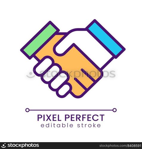 Handshaking pixel perfect RGB color icon. Business partnership. Corporate collaboration. Isolated vector illustration. Simple filled line drawing. Editable stroke. Poppins font used. Handshaking pixel perfect RGB color icon