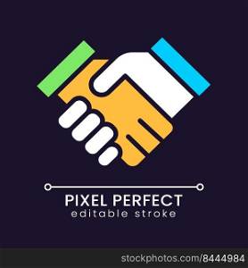 Handshaking pixel perfect RGB color icon for dark theme. Business partnership. Corporate collaboration. Simple filled line drawing on night mode background. Editable stroke. Poppins font used. Handshaking pixel perfect RGB color icon for dark theme