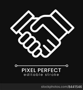 Handshaking pixel perfect white linear icon for dark theme. Business partnership. Corporate collaboration. Thin line illustration. Isolated symbol for night mode. Editable stroke. Poppins font used. Handshaking pixel perfect white linear icon for dark theme