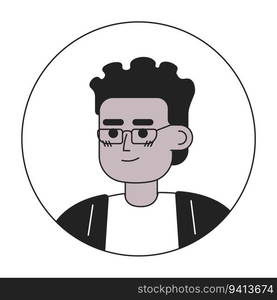 Handsome african american boy in glasses monochrome flat linear character head. Dreadlocks hairstyle. Editable outline hand drawn human face icon. 2D cartoon spot vector avatar illustration. Handsome african american boy in glasses monochrome flat linear character head