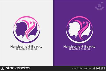 Handsome and Beauty Creative Logo Design with Two People Head and Active Healthy Silhouette Combination.