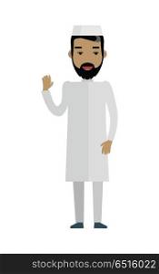 Handsome Arab Man with Cheerful Attitude. Handsome arab man with cheerful attitude. Arab man in white traditional clothing waving his hand. Smiling young man personage in flat design isolated on white background. Vector illustration.