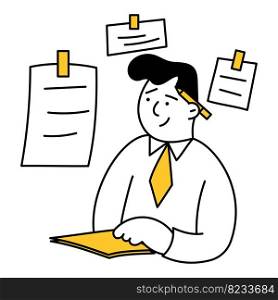 Handsome business man writes notes on paper and stickers, develops a project in the office, conducts analysis, engages in creative thinking, makes a launch plan. Thin line vector illustration on white