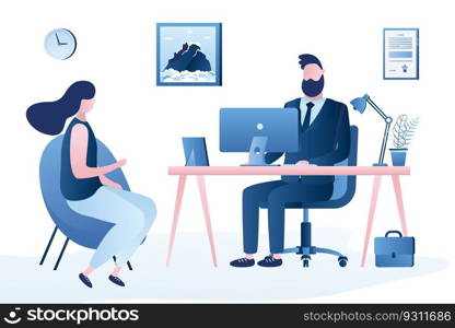 Handsome businessman and female visitor talking on modern workplace. Office interior with furniture.Business negotiations or communication.Isolated on white background,trendy style vector illustration