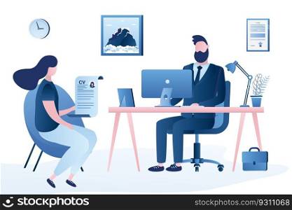 Handsome businessman boss and female candidate with cv resume. Office interior with furniture.Recruitment,job interview concept. Isolated on white background,trendy style vector illustration