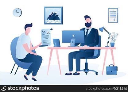 Handsome businessman boss and male candidate with cv resume. Office interior with furniture.Recruitment,job interview concept. Isolated on white background,trendy style vector illustration