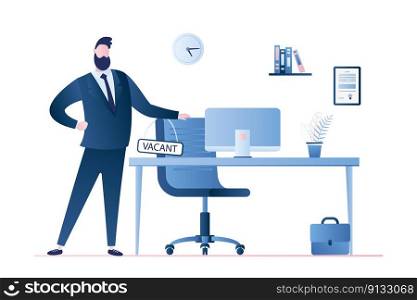 Handsome businessman boss and modern workplace. Office interior with furniture.Business chair with sign-vacant.Recruitment concept, isolated on white background,trendy style vector illustration