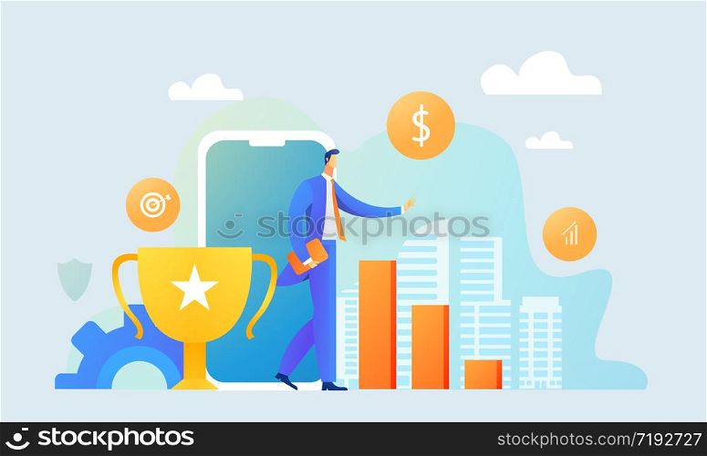 Handsome businessman got a gold award in the online contest from monitor. Modern male character. Flat vector.. Handsome businessman got a gold award in the online contest from monitor. Modern male character. Flat vector