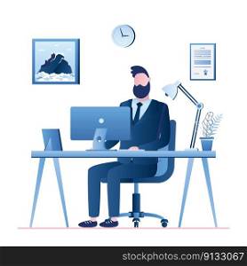 Handsome businessman or clerk on modern workplace. Office interior with furniture. business workspace and male character isolated on white background,trendy style vector illustration