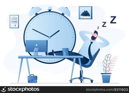 Handsome businessman or clerk sleeping on modern workplace. Break time concept. Office interior with furniture and male character isolated on white background,trendy style vector illustration