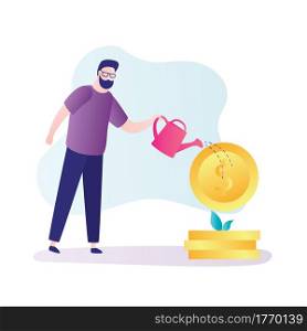 Handsome businessman watering money tree. Investing money concept. Business finance growth. Investor increases capital. Male character waters to grow more profit and wealth. Flat vector illustration. Handsome businessman watering money tree. Investing money concept. Business finance growth