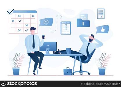 Handsome businessmen or clerks talking on modern workplace. Break time background. Time management and teamwork concept. Male characters in trendy style. Vector illustration