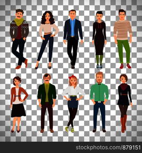 Handsome cute cartoon young fashion people isolated on transparent background. Casual wear men and women vector illustration. Young fashion people on transparent background