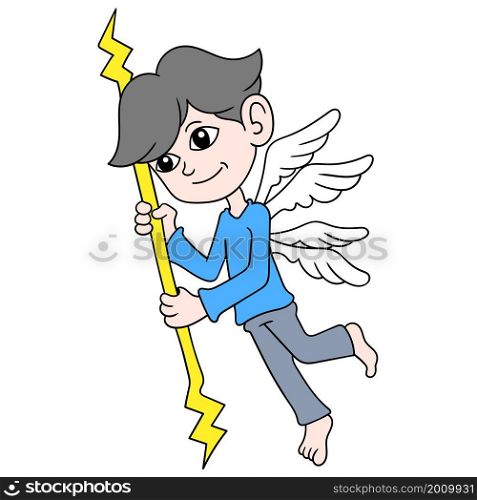 handsome faced male angel holding a weather controlling lighting rod