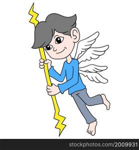 handsome faced male angel holding a weather controlling lighting rod