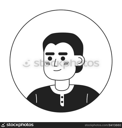 Handsome indian man monochrome flat linear character head. Editable cartoon avatar icon. Short haircut. Face emotion. Colorful spot illustration for web graphic design, animation. Handsome indian man monochrome flat linear character head