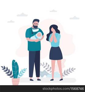 Handsome male doctor holds a newborn baby in hands, happy mother standing near. Accoucheur in uniform holding child. Motherhood and childhood concept. Health care banner. Trendy style vector illustration