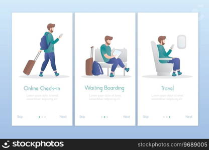 Handsome male traveler with luggage. Set of three posters template for mobile app. Man hipster tourist online check in,waiting boarding and travel. Trendy style vector illustration