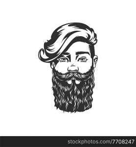 Handsome male with stylish hairstyle, brutal hipster portrait isolated monochrome icon. Vector gentleman with beard and moustaches, elegant barista or bartender, unshaved fisherman, retro man. Gentleman stylish hairstyle and beard, portrait