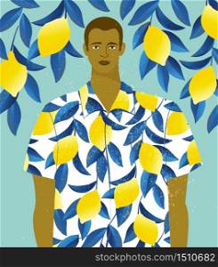 Handsome man in a shirt with lemons print on lemon tree background.. Handsome man in a shirt with lemons print on a lemon tree background.