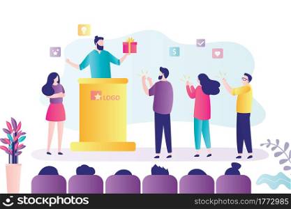 Handsome man in gives speech in front potential customers. Concept of product presentation and target audience. Group of various people listens to male speaker. Business banner. Vector illustration. Handsome man in gives speech in front potential customers. Concept of product presentation and target audience.