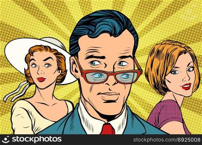 Handsome man looking at two women. Love and romance. Pop art retro vector illustration. Handsome man looking at two women