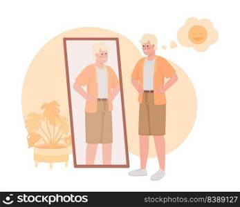 Handsome man looking in mirror 2D vector isolated illustration. Self accepting flat character on cartoon background. Self love colourful editable scene for mobile, website, presentation. Handsome man looking in mirror 2D vector isolated illustration