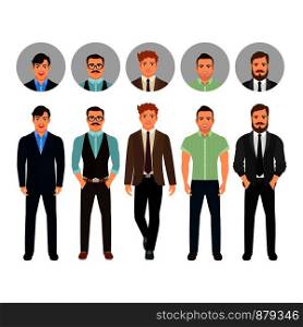 Handsome men dressed in business formal male style with face avatar icons vector set. Handsome men dressed in business style