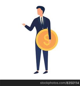 Handsome positive businessman holding golden dollar coin. Earning, saving and investing money concept. Handsome positive businessman holding golden dollar coin. Earning, saving and investing money concept.