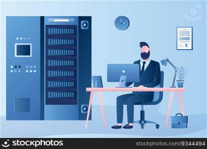 Handsome system administrator monitors the operation of servers. Male employee on modern workplace. Trendy style vector illustration. Handsome system administrator monitors the operation of servers. Male employee on modern workplace.
