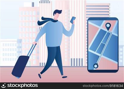 Handsome tourist guy with baggage and big smartphone. Travel navigation app with map and location pins. Tracking mobile application concept. Male character in trendy style. Vector illustration