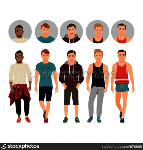 Handsome young guys in casual fitness fit isolated on white background with icons vector set. Handsome guys in casual fitness style