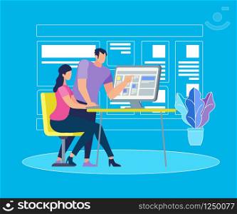 Handsome Young Man Stand at Desk with Computer Explaining Information to Sitting Girl on Blue Background with Outline Monitor. Young People Work or Study Together. Cartoon Flat Vector Illustration.. Young Man Stand at Computer Explaining Info Girl