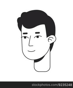 Handsome young man with peaceful smile monochrome flat linear character head. Nice guy. Editable outline hand drawn human face icon. 2D cartoon spot vector avatar illustration for animation. Handsome young man with peaceful smile monochrome flat linear character head