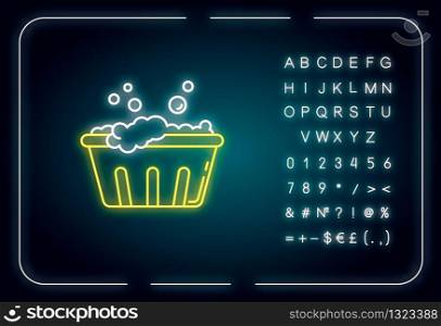 Handwash neon light icon. Soaking laundry, wash basin with foam, hand washing. Outer glowing effect. Sign with alphabet, numbers and symbols. Vector isolated RGB color illustration
