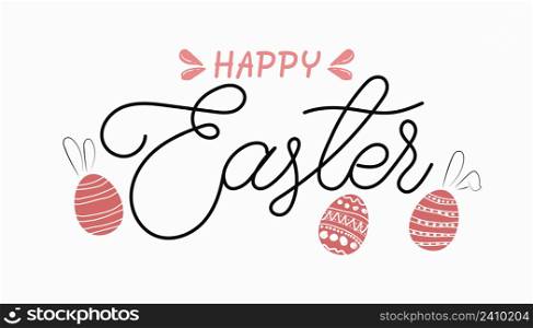 Handwriting easter phrases. greeting card text template with easter eggs with rabbit ears isolated on white background. merry easter lettering. for badges designs, emblems religious, web banners.