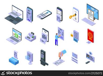 Handwriting identification icons set isometric vector. Access approve. Biometric authentication. Handwriting identification icons set isometric vector. Access approve