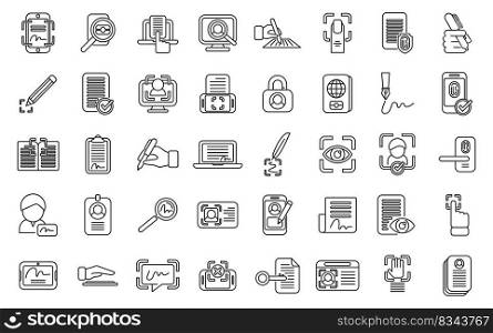 Handwriting identification icons set outline vector. Access approve. Biometric finger. Handwriting identification icons set outline vector. Access approve