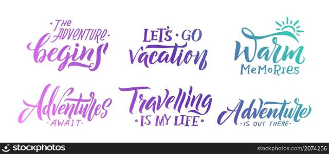 Handwriting slogans. Summer memories, typography lettering for diary calendars or stories. Isolated colorful travel vector signs. Illustration handwriting slogan, adventure and vacation. Handwriting slogans. Summer memories, typography lettering for diary calendars or stories. Isolated colorful travel vector signs