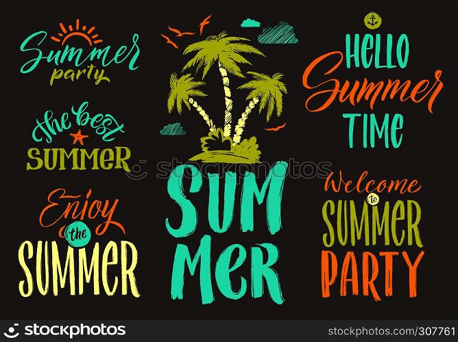 Handwriting vector words set for summer postcard decoration. Vintage illustrations. Lettering text hello summer and summer time party. Handwriting vector words set for summer postcard decoration. Vintage illustrations. Holiday and beach